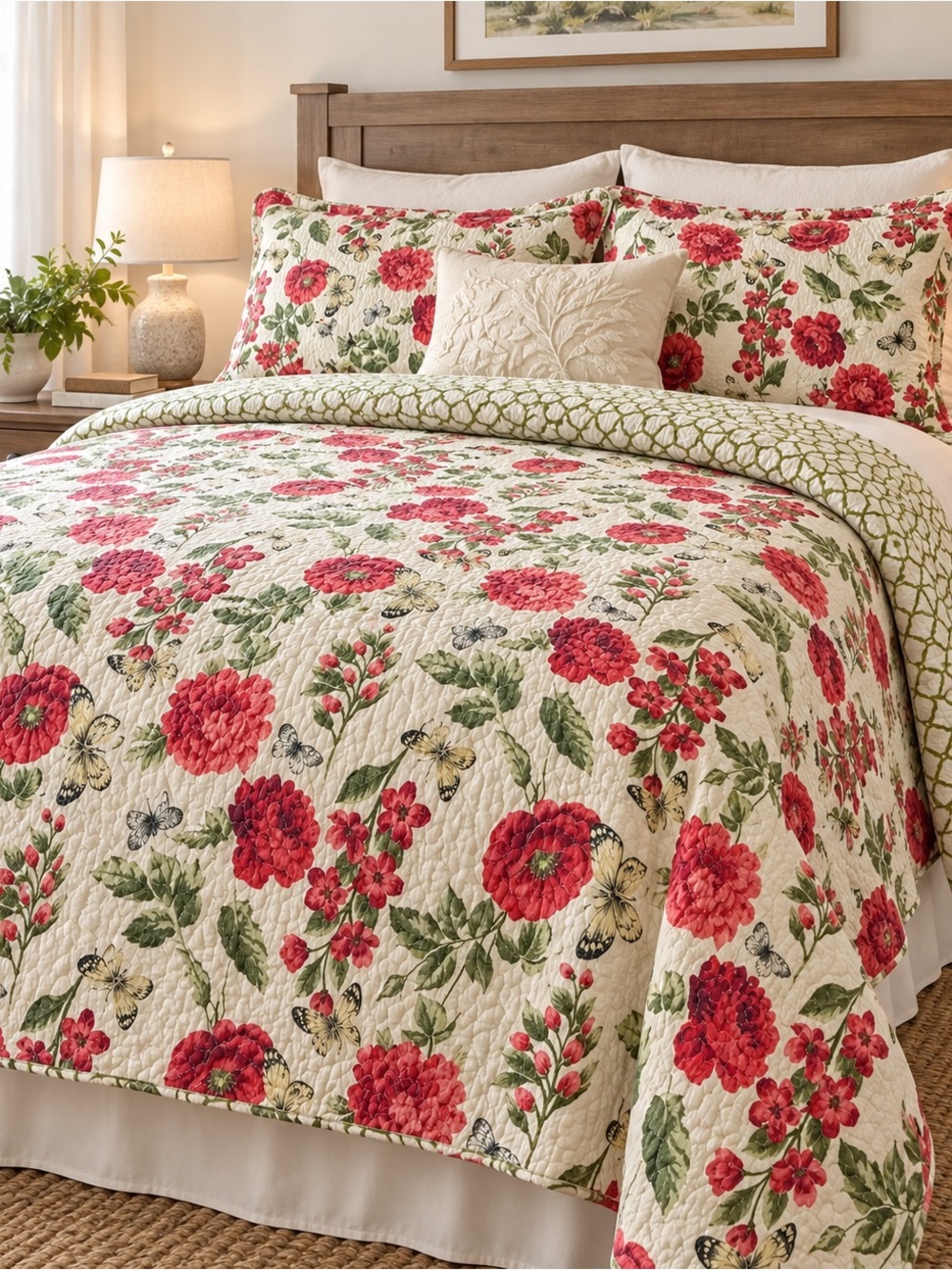 Queen Cotton Reversible Floral Butterfly Quilt + 2 Shams Cottage Garden